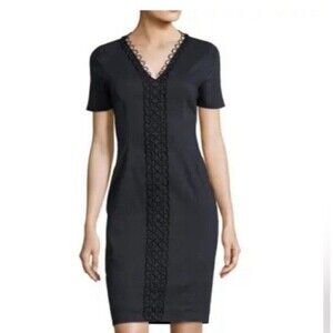 Elie Tahari Loretta Linen Sheath Dress Size 6 Navy Blend Scallop V-Neck Classy